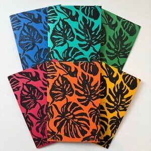 Handprinted Cards Set of 6 Rainbow Color Monstera Leaf Carved Linoleum Print Art